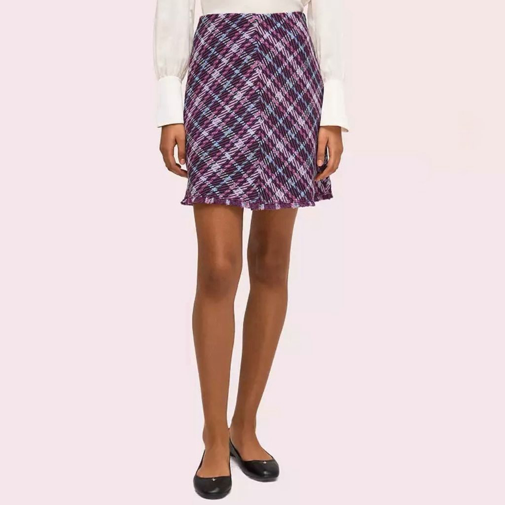 Kate Spade plaid tweed skirt purple metallic shimmer fringe mini size 2